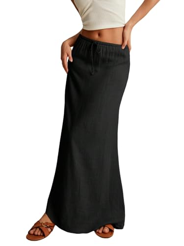 GORGLITTER Damen Rock Langer Sommerrock Drop Waist Röcke Maxirock mit Kordelzug Elegant Damenrock Geraderock Freizeitrock Casualrock Urlaubrock Schwarz M von GORGLITTER