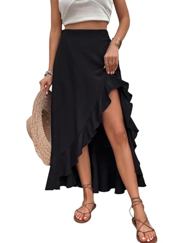 GORGLITTER Rock Damen Sommer Lang Sommerrock mit Schlitz High Low Midirock Hohe Taille Freizeitrock Elegant Casualrock Going Out Schwarz S von GORGLITTER