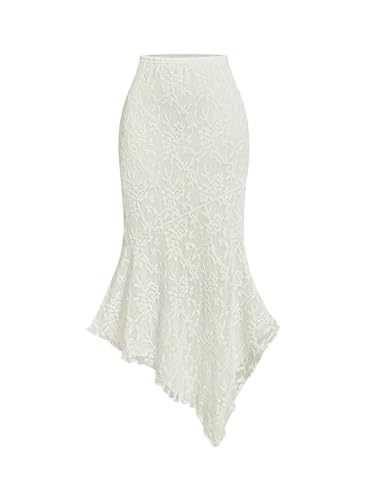 GORGLITTER Damen Figurboten Rock Spitzenrock Elegant Asymmetrisch Midirock Sommerrock Büro Freizeitrock Hohe Taille Tanzrock mit Rüschensaum Aprikosenfarben M von GORGLITTER