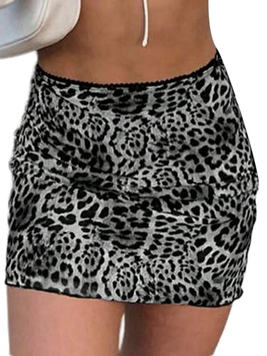 GORGLITTER Damen Rock Leoparden Muster Minirock Reißverschluss Sommerrock Kurzer Damenrock Mini Freizeitrock Elegant Leoprint Röcke Partyrock Sommer Outfits Grau S von GORGLITTER
