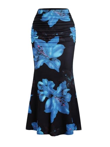 GORGLITTER Damen Rock Leopardenmuster Maxirock Farbblock Sommerrock Fishtail Lange Röcke Blumenmuster Freizeitrock Gerafft Damenrock Sommer Outfit Blau M von GORGLITTER