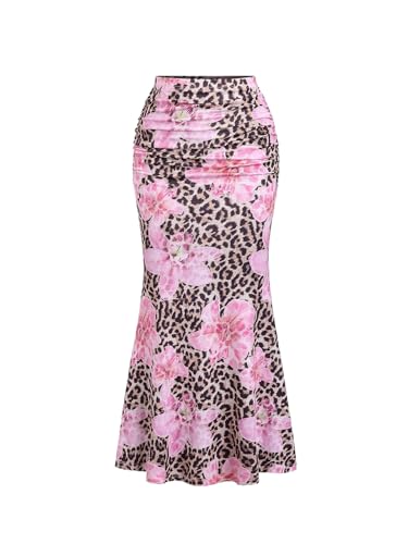GORGLITTER Damen Rock Leopardenmuster Maxirock Farbblock Sommerrock Fishtail Lange Röcke Blumenmuster Freizeitrock Gerafft Damenrock Sommer Outfit Leo XS von GORGLITTER