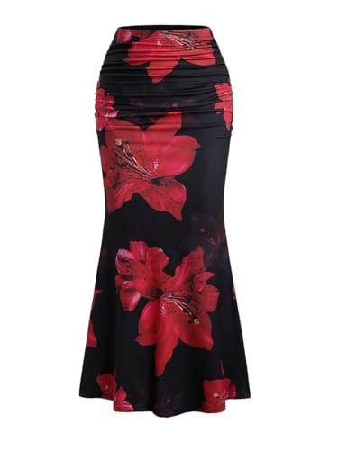 GORGLITTER Damen Rock Leopardenmuster Maxirock Farbblock Sommerrock Fishtail Lange Röcke Blumenmuster Freizeitrock Gerafft Damenrock Sommer Outfit Rot M von GORGLITTER
