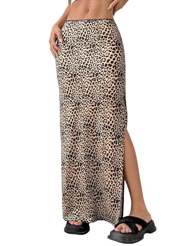 GORGLITTER Damen Rock Leopardenmuster Sommerrock Drop Waist Lange Röcke mit Schlitz Casual Maxirock Elegant Maxi Freizeitrock Leo Partyrock Leo M von GORGLITTER