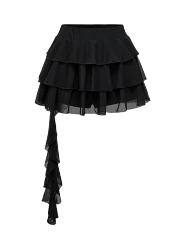 GORGLITTER Damen Rock Leopardenmuster Sommerrock Mehrschichtiger Minirock Drop Waist Partyrock Rüschensaum Kurze Röcke y2k Festival Freizeitrock Schwarz S von GORGLITTER