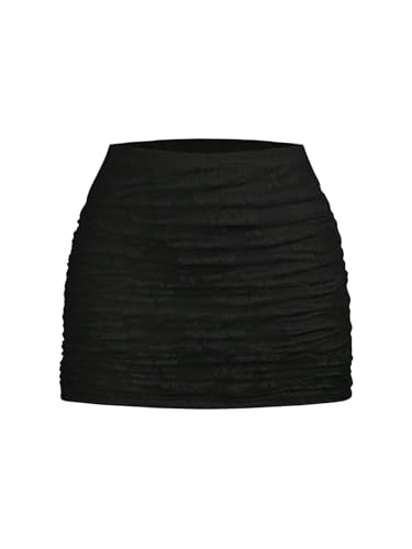 GORGLITTER Damen Rock Mini Spitzenrock Halb Durchsichtiger Sommerrock Figurbetont Minirock mit Spitzen Gerafft Partyrock Enger Freizeitrock Sommer Kurze Röcke Schwarz L von GORGLITTER