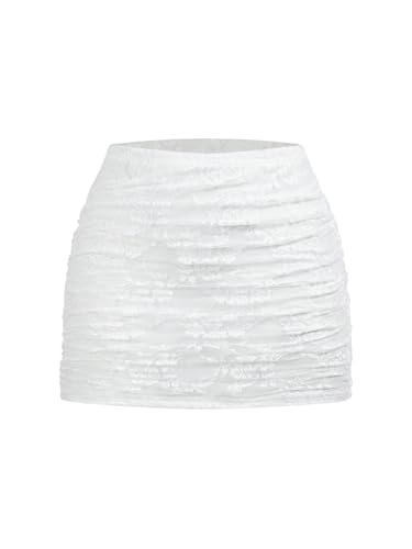 GORGLITTER Damen Rock Mini Spitzenrock Halb Durchsichtiger Sommerrock Figurbetont Minirock mit Spitzen Gerafft Partyrock Enger Freizeitrock Sommer Kurze Röcke Weiß S von GORGLITTER
