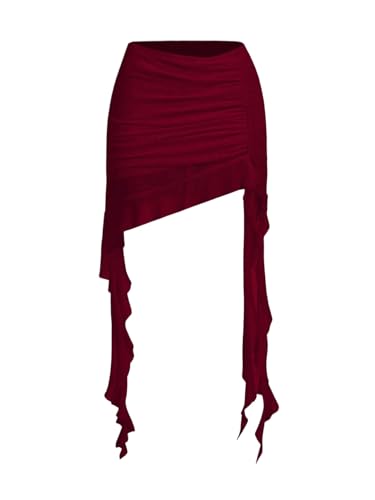 GORGLITTER Damen Rock Mini Tüllrock Asymmetrisch Partyrock Rüschensaum Sommer Minirock Ultraniedriger Bund Sommerrock Festivalrock Gerafft Minirock Bordeaux L von GORGLITTER