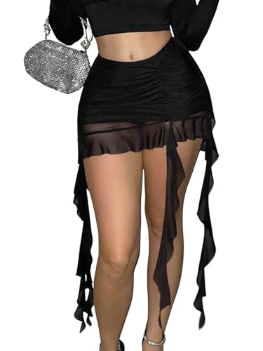 GORGLITTER Damen Rock Mini Tüllrock Asymmetrisch Partyrock Rüschensaum Sommer Minirock Ultraniedriger Bund Sommerrock Festivalrock Gerafft Minirock Schwarz S von GORGLITTER