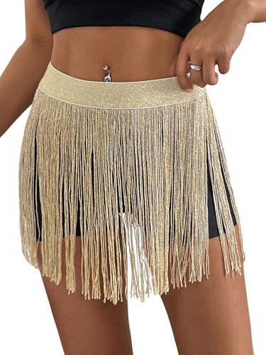 GORGLITTER Damen Rock Minirock mit Fransen Gerade Partyrock Kurzer Sommerrock Modisch Mini Röcke Festivalrock Clubrock Strandrock Sommer Outfits Gold L von GORGLITTER