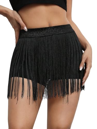 GORGLITTER Damen Rock Minirock mit Fransen Gerade Partyrock Kurzer Sommerrock Modisch Mini Röcke Festivalrock Clubrock Strandrock Sommer Outfits Schwarz S von GORGLITTER