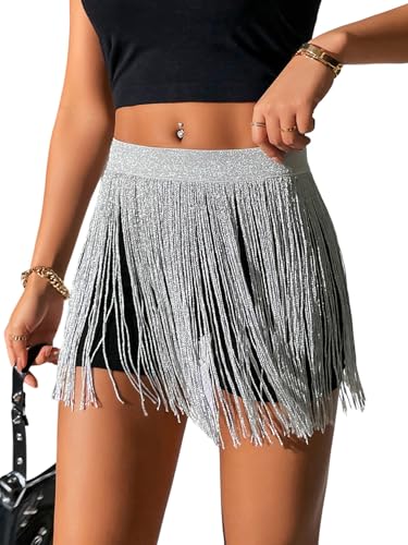 GORGLITTER Damen Rock Minirock mit Fransen Gerade Partyrock Kurzer Sommerrock Modisch Mini Röcke Festivalrock Clubrock Strandrock Sommer Outfits Silber M von GORGLITTER