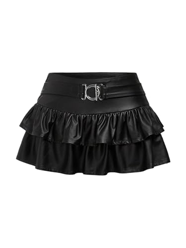 GORGLITTER Damen Rock PU Leder Minirock Drop Waist Sommerrock Kurzer Lederrock Rüschensaum Partyrock Sommer Festivalrock Mini Röcke mit Gürtel Schwarz L GORGLITTER Damen Rock PU Leder Minirock Drop Waist Sommerrock Kurzer Lederrock Rüschensaum Partyrock Sommer Festivalrock Mini Röcke mit Gürtel Schwarz L von GORGLITTER