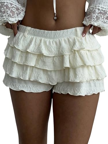GORGLITTER Damen Rock Rüschensaum Minirock Drop Waist Sommerrock Kurzer Hosenrock Elastischer Bund Minishorts Leicht Skort Freizeitrock Ballonrock Aprikosenfarben XS von GORGLITTER