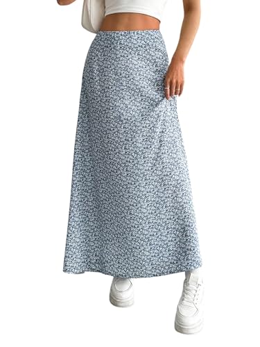 GORGLITTER Damen Rock Sommer A-Linie Casualrock mit Blumenmuster Hohe Taille Lange Röcke Boho Sommerrock Urlaub Rock Blau M von GORGLITTER