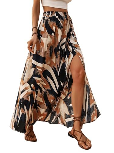 GORGLITTER Damen Rock Sommer Bedruckter Maxirock Böhmisch Sommerrock A Linie Langer Röcke mit Schlitz Hohe Taille Urlaubrock Elegant Freizeitrock Braun M von GORGLITTER