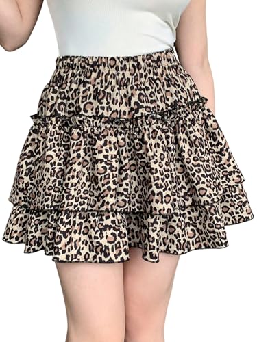 GORGLITTER Damen Rock Sommer Faltenrock mit Leopardenmuster Elastischer Bund Minirock mit Rüschensaum Hohe Taille Freizeitrock Geschichtet Strandrock Leo S von GORGLITTER