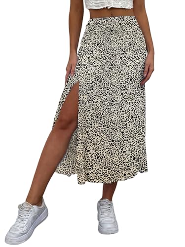 GORGLITTER Damen Rock Sommer Leicht Und Luftig Leoparden Midirock A Linie Sommerrock Mit Schlitz Freizeitrock Lang Strandrock mit Leopardenmuster Gelb XL von GORGLITTER
