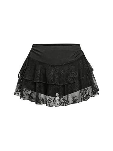 GORGLITTER Damen Rock Sommer Mini Spitzenrock Mehrlagiger Sommerrock Spitze Hosenrock A Linie Kurze Röcke Skort Partyrock Freizeitrock Y2K Outfits Schwarz S von GORGLITTER