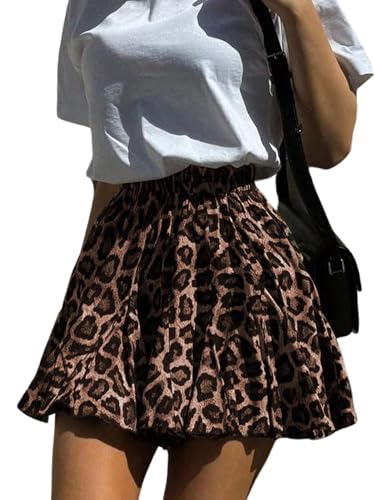 GORGLITTER Damen Rock Sommer Minirock Leoparden Muster Sommerrock Hohe Taille Röcke Rüschensaum Kurzer Leorock Ausgestellt Freizeitrock Kurzrock Casualrock Leo XS von GORGLITTER