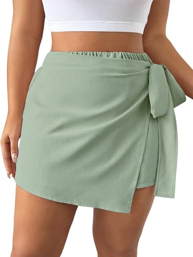 GORGLITTER Damen Rock Sommerrock Übergroß Hosenrock Asymmetrisch Freizeitrock mit Knoten Skort Kurz Röcke Wickelrock Große Größen Shorts Grün 0XL von GORGLITTER