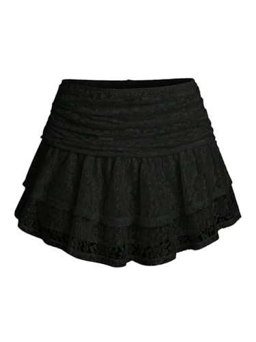 GORGLITTER Damen Rock Spitzen Sommerrock Mehrlagig Mehrschichtig Minirock mit Rüschensaum Kurzer Spitzenrock Durchsichtiger Freizeitrock Casualrock Schwarz M von GORGLITTER