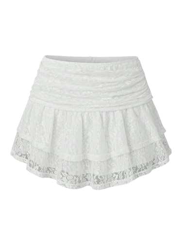 GORGLITTER Damen Rock Spitzen Sommerrock Mehrlagig Mehrschichtig Minirock mit Rüschensaum Kurzer Spitzenrock Durchsichtiger Freizeitrock Casualrock Weiß L von GORGLITTER