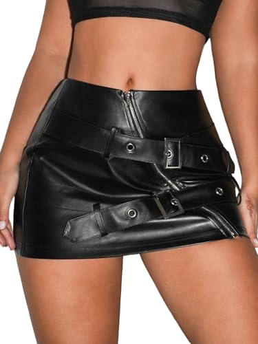 GORGLITTER Damen Rock Y2k Röcke Elegant Minirock mit Gürteldetail Hohe Taille Lederrock mit Reißverschluss Partyrock Party Outfit Schwarz M von GORGLITTER