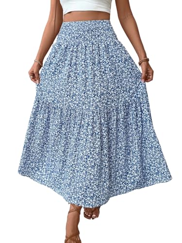 GORGLITTER Damen Rock mit Blumenprint Sommerrock Langer Damenrock A Linie Midirock Boho Strandrock mit Taschen Sommer Röcke mit Taschen Freizeitrock Blau XL von GORGLITTER