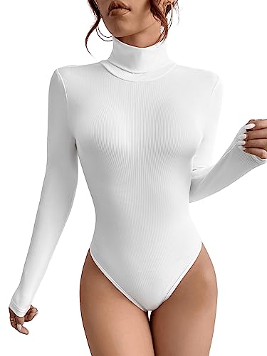 GORGLITTER Damen Rollkragen Bodysuits Casual Bodies Schmaler Langarm Bodys Basic Oberteil Weiß S von GORGLITTER