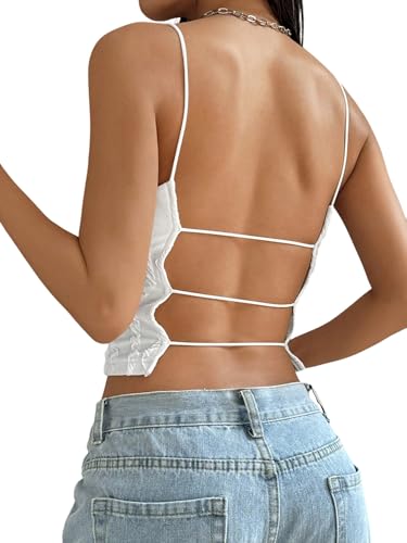 GORGLITTER Damen Rückenfrei Crop Top Spaghettiträger Camisole Sommertop Y2K Partytop Ärmellos Tops Trägertop Casualtop Weiß S von GORGLITTER