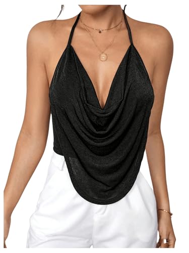 GORGLITTER Damen Rückenfrei Trägertop Neckholder Crop Tops Kurz Oberteil Top mit drapierter Vorderseite Schwarz M von GORGLITTER