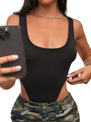 GORGLITTER Damen Rückenfreies Body High Waist Bodysuit Tank Bodies U-Ausschnitt Bodys Schwarz S von GORGLITTER