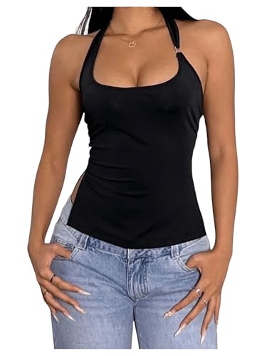 GORGLITTER Damen Rückenfreies Tanktop Sommer Tops Neckholder Oberteil Tank Top Trägershirt mit Schlitz Schwarz M von GORGLITTER