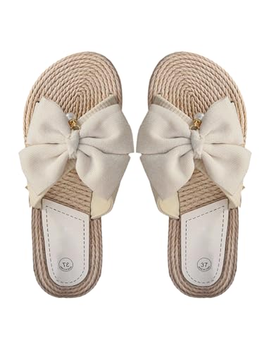 GORGLITTER Damen Sandalen Boho Flach Sandaletten Offene Sommerschuhe mit Schleifen dekor Freizeit Hausschuhe Bequem Outdoor Pantoletten Beige CN42 von GORGLITTER