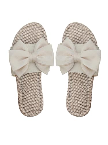 GORGLITTER Damen Sandalen Boho Flache Sandals Offene Zehen Sandalette mit Schleifendekor Outdoor Elegant Freizeitsandale Bequem Strandsandalen Beige EUR37 von GORGLITTER