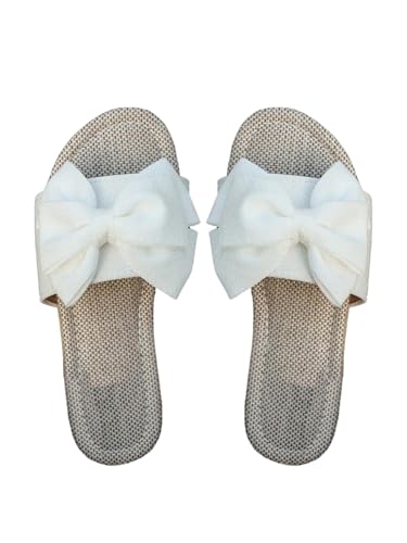 GORGLITTER Damen Sandalen Boho Flache Sandals Offene Zehen Sandalette mit Schleifendekor Outdoor Elegant Freizeitsandale Bequem Strandsandalen Weiß EUR38 von GORGLITTER