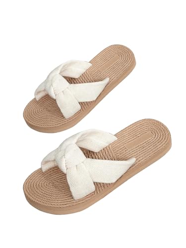 GORGLITTER Damen Sandalen Boho Flachsandalen Offene Zehen Sandaletten Sommer Strandsandalen mit Knoten Freizeitsandals Elegant Sandalette Beige EUR40 von GORGLITTER