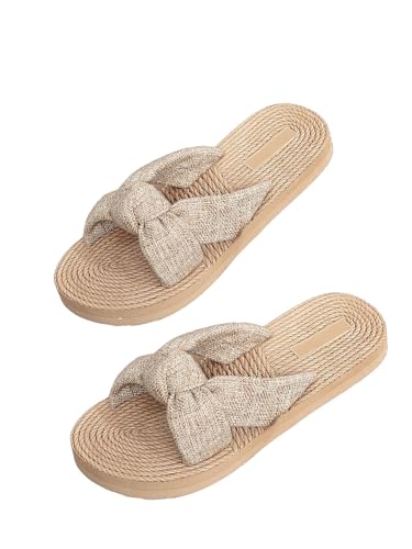 GORGLITTER Damen Sandalen Boho Flachsandalen Offene Zehen Sandaletten Sommer Strandsandalen mit Knoten Freizeitsandals Elegant Sandalette Khaki EUR40 von GORGLITTER