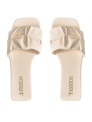 GORGLITTER Damen Sandalen Elegant Sandalette Flache Sommerschuhe Gerafft Damensandalen Outdoor Freizeitsandalen Sommer Pantoletten Flachesandalen Beige CN39 von GORGLITTER