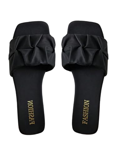 GORGLITTER Damen Sandalen Elegant Sandalette Flache Sommerschuhe Gerafft Damensandalen Outdoor Freizeitsandalen Sommer Pantoletten Flachesandalen Schwarz CN40 von GORGLITTER