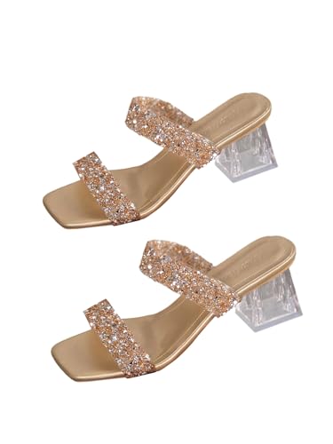 GORGLITTER Damen Sandalen Elegant Sommersandalen mit Absatz Offene Zehe Sandalette Strass Sommer Freizeitsandals PU Leder Pantoletten Party Sommerschuhe Gold EUR39 von GORGLITTER