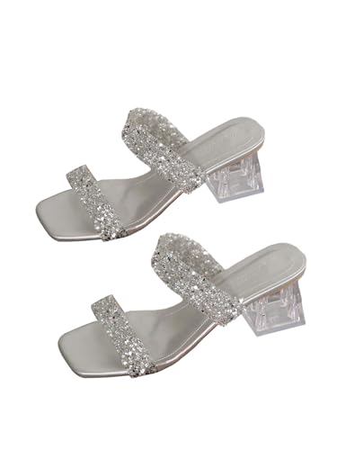 GORGLITTER Damen Sandalen Elegant Sommersandalen mit Absatz Offene Zehe Sandalette Strass Sommer Freizeitsandals PU Leder Pantoletten Party Sommerschuhe Silber EUR40 von GORGLITTER