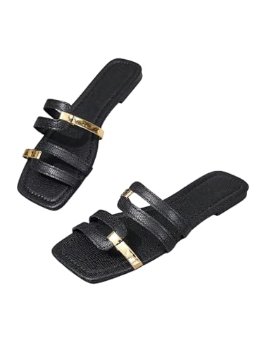 GORGLITTER Damen Sandalen Flache Sandaletten Modern PU Leder Sommerschuhe Offene Zehen Strandsandals Eckiger Zehenpartie Freizeitsandalen Outdoor Hausschuhe Schwarz CN38 von GORGLITTER