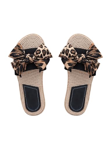 GORGLITTER Damen Sandalen Flache Sommerschuhe Leopardmuster Flachesandaletten mit Scheleifen Offene Zehen Freizeitpantolleten Outdoor-Sandalen Leo CN36 von GORGLITTER
