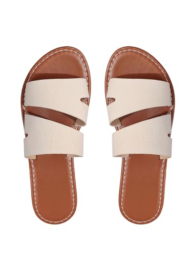 GORGLITTER Damen Sandalen Flache Sommerschuhe Offene Zehe Sandaletten PU Leder Pantoffeln Leichte Strandsandalen Going Out Sandale Beige EUR37 von GORGLITTER