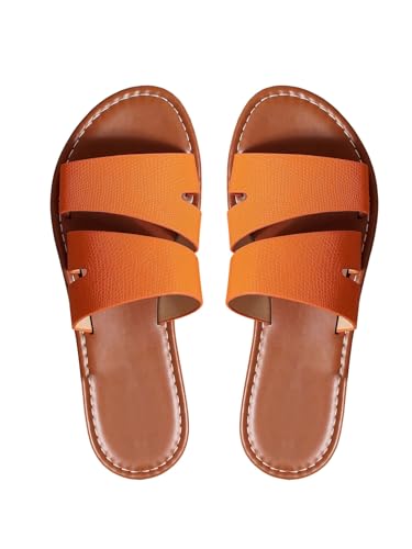 GORGLITTER Damen Sandalen Flache Sommerschuhe Offene Zehe Sandaletten PU Leder Pantoffeln Leichte Strandsandalen Going Out Sandale Orange EUR39 von GORGLITTER