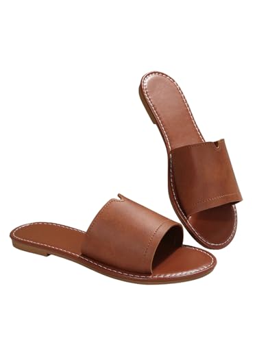GORGLITTER Damen Sandalen Flache Sommerschuhe Offene Zehe Sandals PU Leder Sandaletten Elegante Strand Pantoffeln Standardgröße Hausschuhe Freizeitsandale Braun EUR38 von GORGLITTER