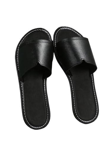 GORGLITTER Damen Sandalen Flache Sommerschuhe Offene Zehe Sandals PU Leder Sandaletten Elegante Strand Pantoffeln Standardgröße Hausschuhe Freizeitsandale Schwarz EUR39 von GORGLITTER