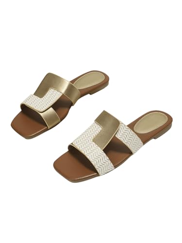GORGLITTER Damen Sandalen Flache Sommerschuhe mit quadratischer Zehnenpartie Elegant Leder Sandaletten Weiß und Gold EUR36 von GORGLITTER